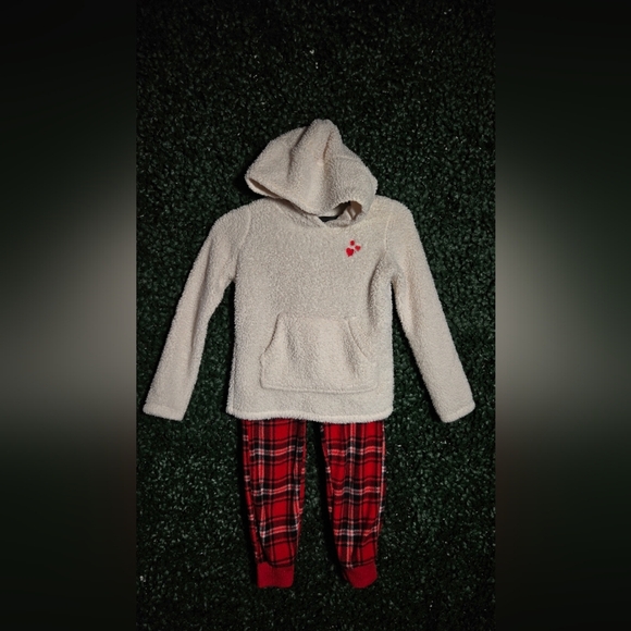 Cozy Cream Hoodie and Red Plaid Kids Pajama Set - Picture 1 of 5